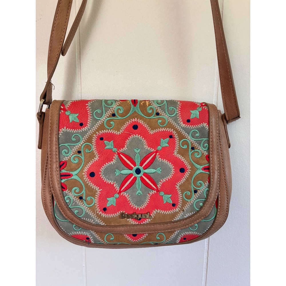 Desigual Embroidered Mandala Crossbody Bag Brown Faux Leather Boho Floral